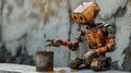 Rusty Robot Painting on Urban Background