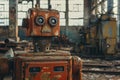 A rusty robot is standing amidst the decaying machinery in an abandoned factory, An old, rusty robot in an abandoned factory, AI