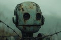 Rusty robot standing behind barbed wire in a foggy landscape, evoking themes of dystopia, artificial intelligence, and the future