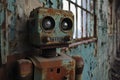 A rusty robot stands stoically in front of a window with metal bars, An old, rusty robot in an abandoned factory, AI Generated