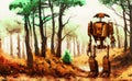 Rusty robot wandering around forest in a wasteland