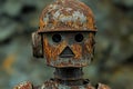 Rusty robot wearing helmet standing still in front of blurred background, concept of artificial intelligence and decay