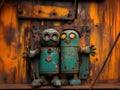 Rusty robots with heart emblems on distressed metal background