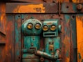Rusty robots hugging showing love in industrial setting