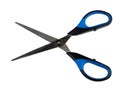 Rusty scissors blade with blue black handle isolated on white background with clipping path. Old dirty open pair of cutters. Close Royalty Free Stock Photo