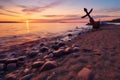 rusty ship anchor on a deserted beach at sunset