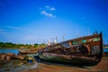 Rusty Ship in Blue sky Royalty Free Stock Photo