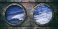 Rusty ship portholes metal background, Wavy sea out of the windows. 3d illustration Royalty Free Stock Photo