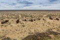 Rusty ship at the ship cemetery in former Aral sea port town Moynaq Mo ynoq or Muynak , Uzbekist Royalty Free Stock Photo