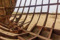 Rusty ship at the ship cemetery in former Aral sea port town Moynaq Mo ynoq or Muynak , Uzbekist Royalty Free Stock Photo