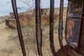 Rusty ships at the ship graveyard in former Aral sea port town Moynaq Mo ynoq or Muynak , Uzbekist Royalty Free Stock Photo