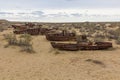 Rusty ships at the ship graveyard in former Aral sea port town Moynaq Mo ynoq or Muynak , Uzbekist Royalty Free Stock Photo