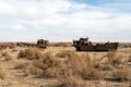 Rusty ships at the ship graveyard in former Aral sea port town Moynaq Mo ynoq or Muynak , Uzbekistan