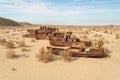 Rusty ships at the ship graveyard in former Aral sea port town Moynaq Mo ynoq or Muynak , Uzbekistan Royalty Free Stock Photo