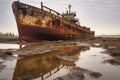 rusty shipwreck on dry land near old dockyards