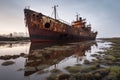 rusty shipwreck on dry land near old dockyards