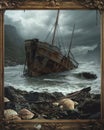 Rusty Shipwreck on Rocky Shore with Stormy Skies Royalty Free Stock Photo