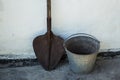 Rusty shovel and bucket on a white background Royalty Free Stock Photo