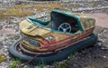 Rusty small children cars in abandoned amusement park in Pripyat, Chernobyl exclusion zone