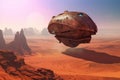 a rusty spaceship soaring through a desert, with an alien city in the distance. The illustration depicts a captivating fantasy 3D Royalty Free Stock Photo