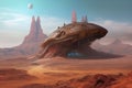 a rusty spaceship soaring through a desert, with an alien city in the distance. The illustration depicts a captivating fantasy 3D Royalty Free Stock Photo