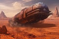 a rusty spaceship soaring through a desert, with an alien city in the distance. The illustration depicts a captivating fantasy 3D Royalty Free Stock Photo