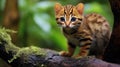 Rusty-spotted cat stalking her prey in Ceylon nature with one front paw raised. Small cat from wild Sri lanka keeps