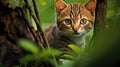 Rusty-spotted cat stalking her prey in Ceylon nature with one front paw raised. Small cat from wild Sri lanka keeps