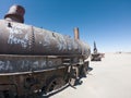 Rusty steam locomotive near Uyuni in Bolivia. Cemetery trains