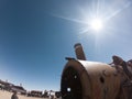 Rusty steam locomotive near Uyuni in Bolivia. Cemetery trains