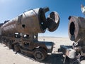 Rusty steam locomotive near Uyuni in Bolivia. Cemetery trains