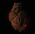 Rusty steampunk metal techno human heart, burning from the inside, isolated