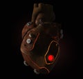 Rusty steampunk metal techno human heart, burning from the inside, isolated