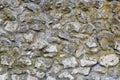 Rusty stone and concrete wall with yellow moss on it