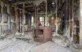 A rusty stove sits in the middle of the floor of a shack at an abandoned mercury mine in the desert in Nevada, USA Royalty Free Stock Photo