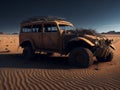 A rusty SUV in the desert.