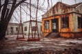 Rusty Swing Set In The Yard Of An Abandoned School