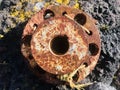 Rusty texture on circle steel surface. close up.