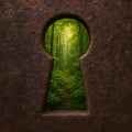 Keyhole view reveals a lush green forest path bathed in sunlight Royalty Free Stock Photo