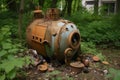 rusty time capsule emerging from the ground