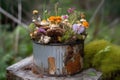 rusty tin can filled with colorful wildflowers and mushrooms