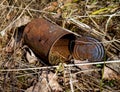 Rusty tin can in the woods Royalty Free Stock Photo