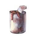 A rusty tin can with worms used as fishing bait. Watercolor illustration isolated on white background. Royalty Free Stock Photo