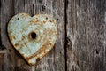 Rusty trim on keyhole as heart on old wooden door. Royalty Free Stock Photo