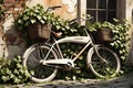 Rusty Vintage Bicycle Leaning Against a Dilapidated Brick Wall Overgrown with Ivy Leaves, Gently Swaying Royalty Free Stock Photo