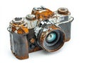 Rusty vintage camera on a clean white background highlighting its texture and age Royalty Free Stock Photo