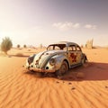 Rusty vintage car abandoned in Sahara desert, digital mixed media illustration