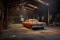 rusty vintage car in a deserted garage