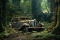 rusty vintage car wreck in a forest