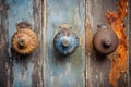 rusty vintage door knobs on weathered wooden background Royalty Free Stock Photo
